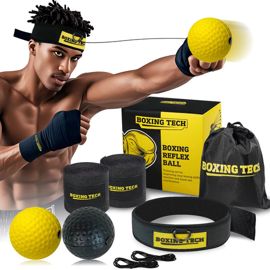 Boxing Reflex Ball Set - 2 Difficulty Levels with Adjustable Headband, Includes Carry Bag and Cotton Boxing Wraps, Perfect for H